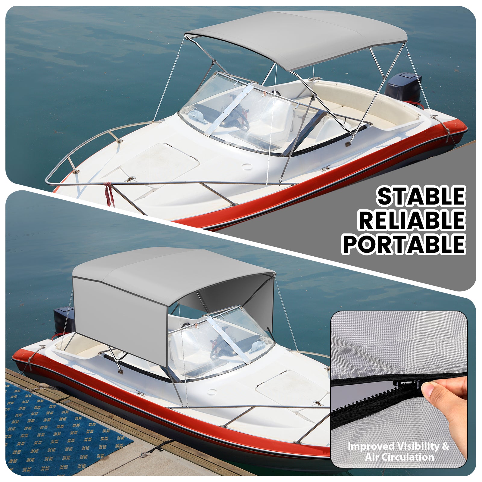 Garvee 3-Bogen-Bimini-Top-Bootsabdeckung, Abnehmbare Seiten, Verstellbar, Marine Canvas, UV-Schutz, Verstellbar 155–168 cm, Grau