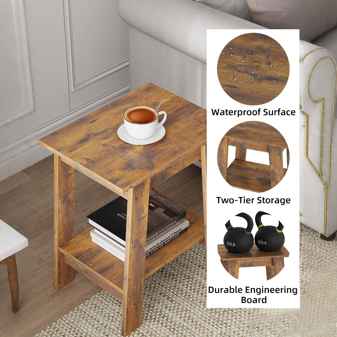 Garvee Beistelltisch Set 2er – Mit 2 Ablagen, Kompakt, Holz & Metall, Stabil, Braun