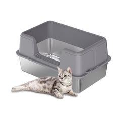 Garvee Edelstahl Katzentoilette Extra Große Mit Hohen Seitenwänden Für Katzen 50 x 35 x 28 cm Grau