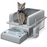 Garvee Edelstahl-Katzentoilette XXL mit hohem Spritzschutz, 60 × 41 × 35 cm, Katzenklo mit 20 cm tiefer Wanne, Einstiegshilfe und Streuschaufel - Grau