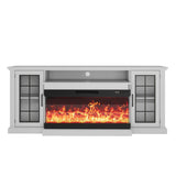 Garvee 75" Fireplace TV Stand Mit 3-Seitigem Glas, Verstellbarem LED-Flammenlicht, Weiß, Für Wohnzimmer, PB & MDF, Glasfront & Stauraum