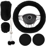 Garvee 6 Stück Flauschige Lenkradabdeckung Set Mit Handbremsabdeckung Und Schlüsselanhänger Für Auto Winter Schwarz - Schwarz