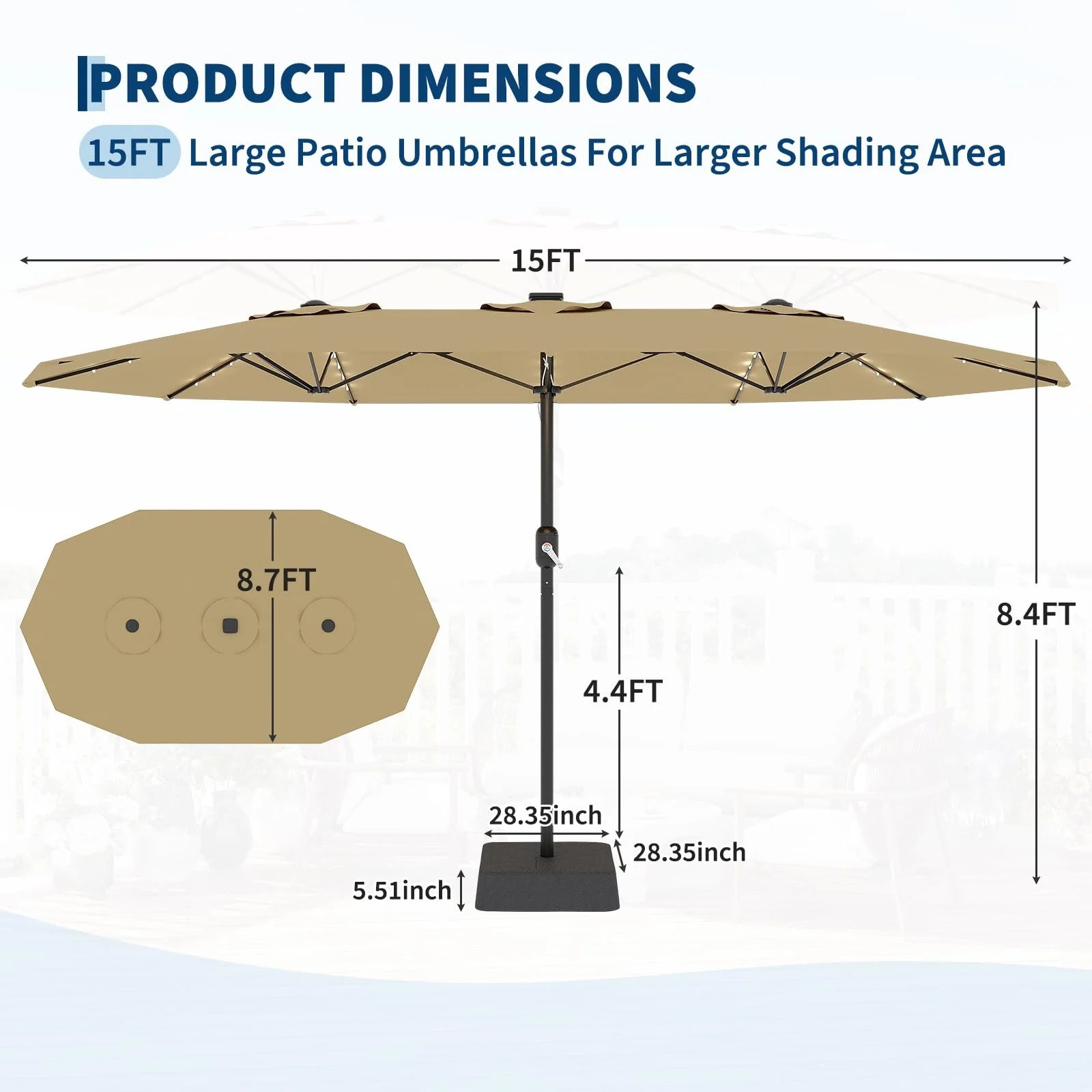 Garvee 270×450 cm Rechteck-Sonnenschirm mit Solar-LED-Beleuchtung & Standfuß, UV-beständiger Gartenschirm mit Kurbelgriff, für Terrasse, Pool & Garten, Beige