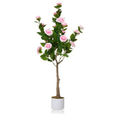 Garvee 4FT Künstlicher Kamelienbaum Mit Lebensechten Blüten Für Innen & Überdachte Außenbereiche, Stabiler Topf, Pflegeleicht, Polyester & PEVA, Grün & Weiß - Rosa