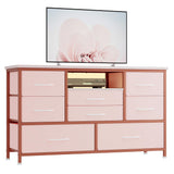 GARVEE Kommode Mit 8 Schubladen, Fernsehschrank Mit Led-Licht, 3 Steckdosen & 2 Usb, Komodenschrank für Wohnzimmer, Flur, Schlafzimmer, Stabiler Metallrahmen, Holztischplatte - Rosa