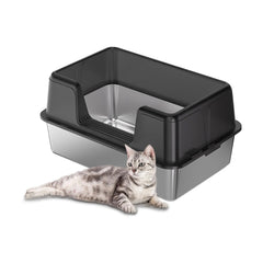 Garvee Edelstahl Katzentoilette Extra Groß Mit Hohen Seitenwänden Und Deckel Für Katzen 50 x 35 x 23 cm Schwarz