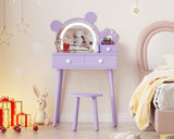 Garvee Kinder Schminktisch Set Mit LED Licht, Bären-Spiegel, Stauraum, MDF Holz, Lila, Für Schlafzimmer & Spielzimmer - Lila