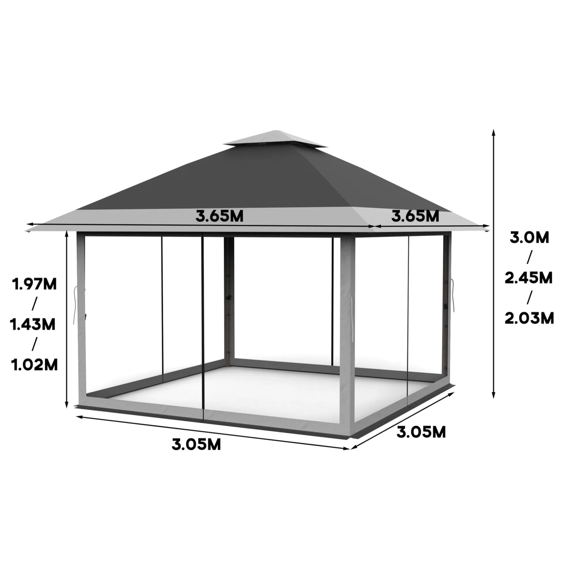 GARVEE Pop-Up Pavillon 3,65 x 3,65 m mit Moskitonetz, UV-Schutz, 3-fach Höhenverstellbar, Stahlrahmen, 6 Seitenwände & Sandtaschen, Für Garten & Camping, Grau