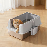 Garvee Katzenklo Edelstahl XXL mit Deckel, Große Katzentoilette 60 × 40 × 31,5 cm, Hoher Rand mit Auslaufschutz, Streu-Auffangstufe und Schaufel, leicht zu reinigen - Grau