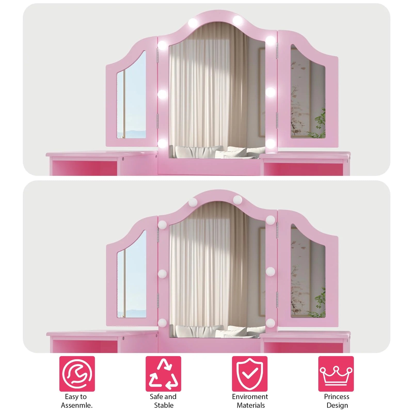 Garvee Prinzessin Schminktisch Mit LED Licht, Spiegel, Stuhl, 104×41×117 cm, Rosa
