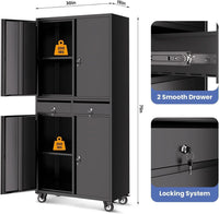 Garvee abschließbarer Metallschrank 180 cm, mobiler Aktenschrank mit feststellbaren Rollen, 2 Schubladen und verstellbaren Einlegeböden, robuster Lagerschrank für Büro, Garage & Werkstatt, Schwarz