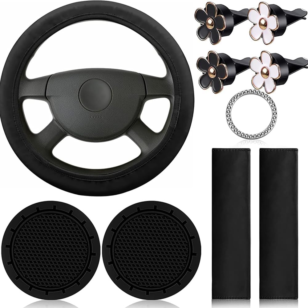 GARVEE 10-Teiliges Schwarzes Leder-Autozubehör-Set Für Frauen, Lenkradbezug, Sicherheitsgurt, Schulterpolster, Becherhalter, Robust, Stilvoll, Vielseitig