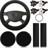 GARVEE 10-Teiliges Schwarzes Leder-Autozubehör-Set Für Frauen, Lenkradbezug, Sicherheitsgurt, Schulterpolster, Becherhalter, Robust, Stilvoll, Vielseitig - Schwarzes