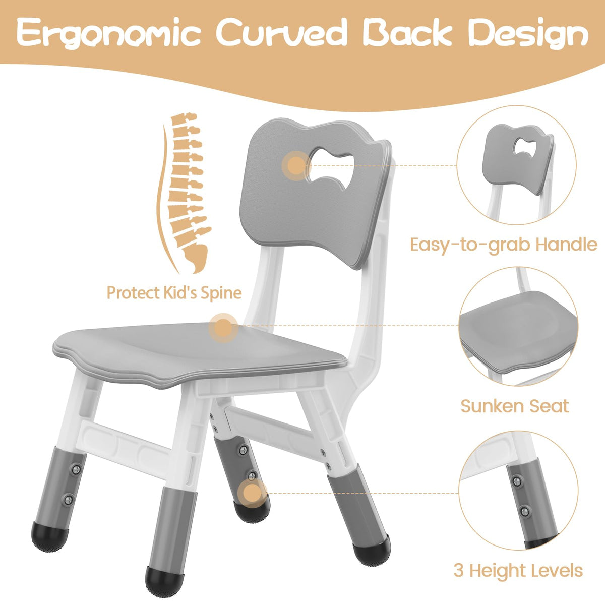 Grauer Kinderstuhl mit ergonomischer Rückenlehne