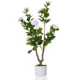 Garvee 2er-Set 3FT Künstlicher Kamelienbaum Mit Weißem Topf Für Innen Und Überdachte Außenbereiche, Pflegeleicht, Lebensecht, Polyester & PEVA - Weiß