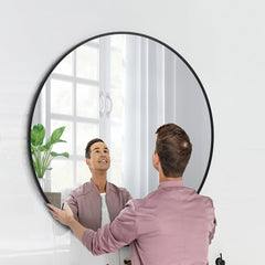 Garvee Runder Spiegel, ø 90 Cm Home Wandspiegel Rahmen Aus Aluminiumlegierung, Modern, Bruchsicherer Wandspiegel Badezimmer Spiegel Für Flur, Wohnzimmer, Bad Oder Garderobe Schlafzimmer - Schwarz