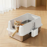 Garvee Katzenklo Edelstahl XXL mit Deckel, Große Katzentoilette 60 × 40 × 31,5 cm, Hoher Rand mit Auslaufschutz, Streu-Auffangstufe und Schaufel, leicht zu reinigen - Weiß