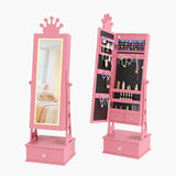Garvee Kinder Schmuckschrank Rosa mit Spiegel und LED-Beleuchtung, Standspiegel mit Schmuckaufbewahrung, 3 Schubladen, Krone-Design für Mädchen, 90 cm - Rosa