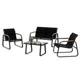 Garvee Gartenmöbel Set 4-teilig für 4 Personen, Textilene Sitzgruppe mit Sitzbank, 2 Sesseln und Glastisch, Stahl, Schwarz