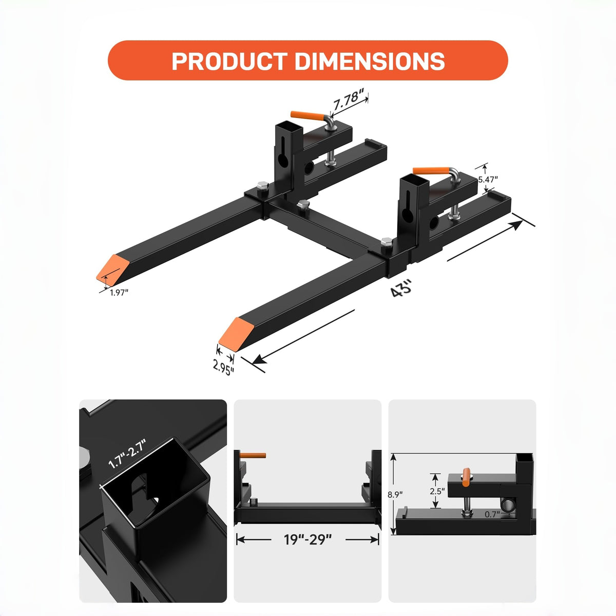 Klemm-Palettengabeln mit verstellbarem Stabilisator 61 bis 97 cm