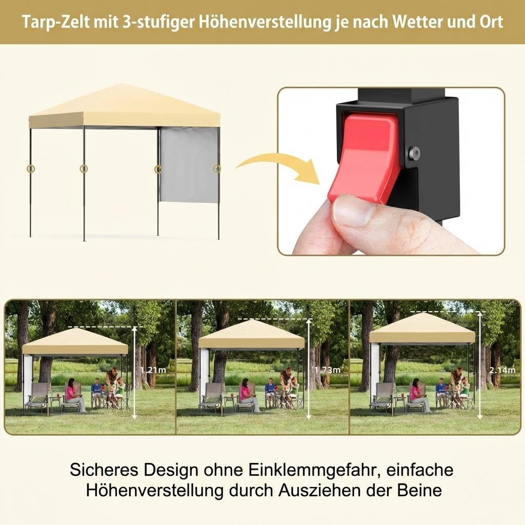 GARVEE 1,8 x 1,8 m Pop-Up Pavillon, Wasserdichtes Gartenpavillon mit UV-Schutz, Höhenverstellbar und Tragetasche, Ideal für Garten, Camping und Outdoor Events, Cremefarben