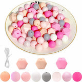 Garvee 95 Stück Silikonperlen Set Bunt Mit 80 Runden 15mm & 15 Vieleckigen 17mm Für DIY Schmuck Und Schlüsselanhänger Basteln Mit 2m Schnur