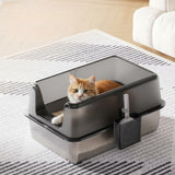 Garvee Katzenklo Edelstahl XXL mit Deckel, Große Katzentoilette 60 × 40 × 36,5 cm, Hoher Rand mit Auslaufschutz, Streu-Auffangstufe und Schaufel, leicht zu reinigen - Schwarz