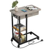 Garvee C-Förmiger Beistelltisch Mit Ladestation, USB-Ports & Steckdosen, 3-Stufiger Stauraum, Melamin, Grau Für Wohnzimmer & Schlafzimmer