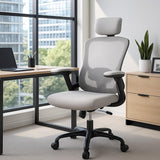 Garvee Ergonomischer Bürostuhl Mit Verstellbarer Lendenstütze & Kopfstütze, Atmungsaktives Mesh, Klappbare Armlehnen, Drehbar, Grau, Büro - Schwarz