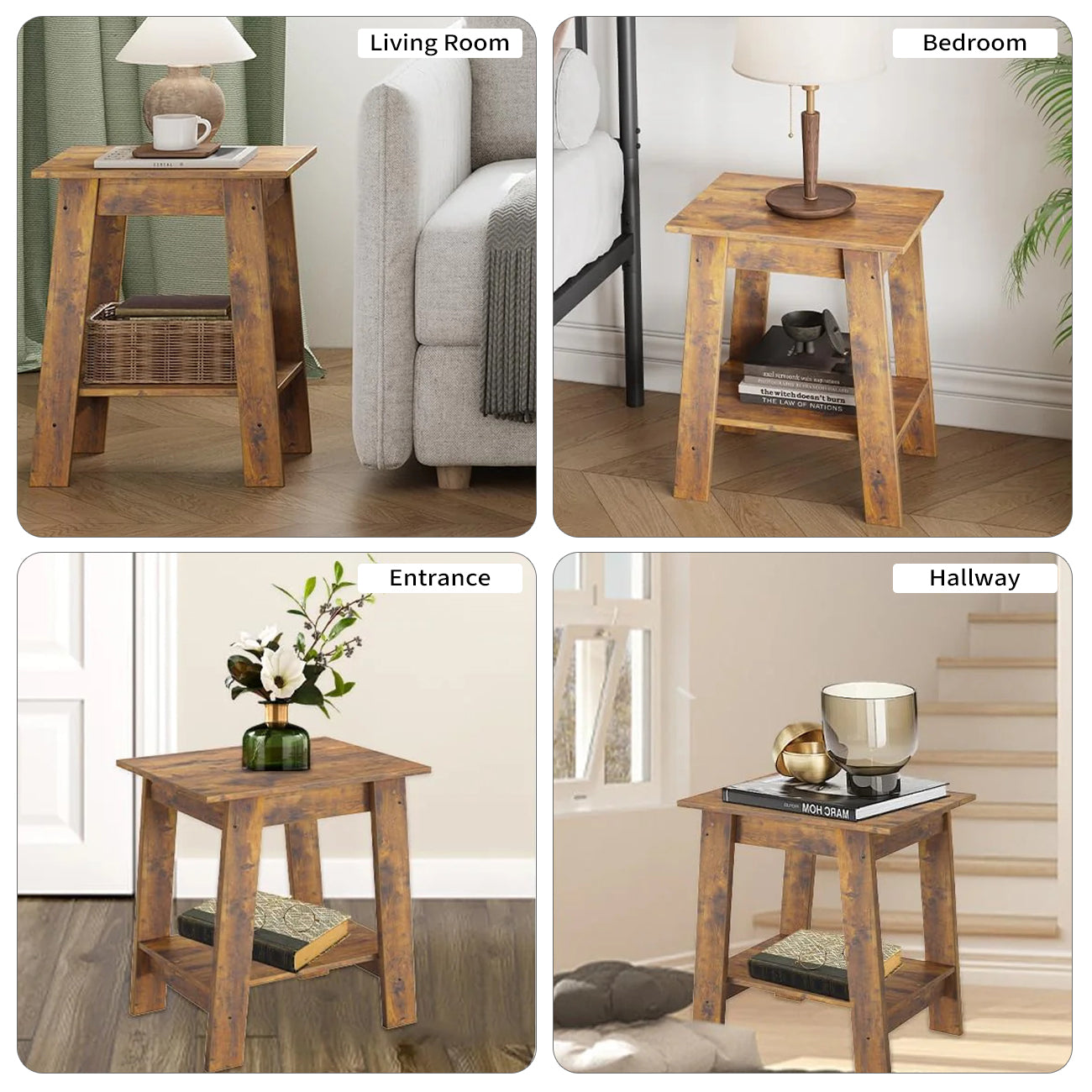 Garvee Beistelltisch Set 2er – Mit 2 Ablagen, Kompakt, Holz & Metall, Stabil, Braun