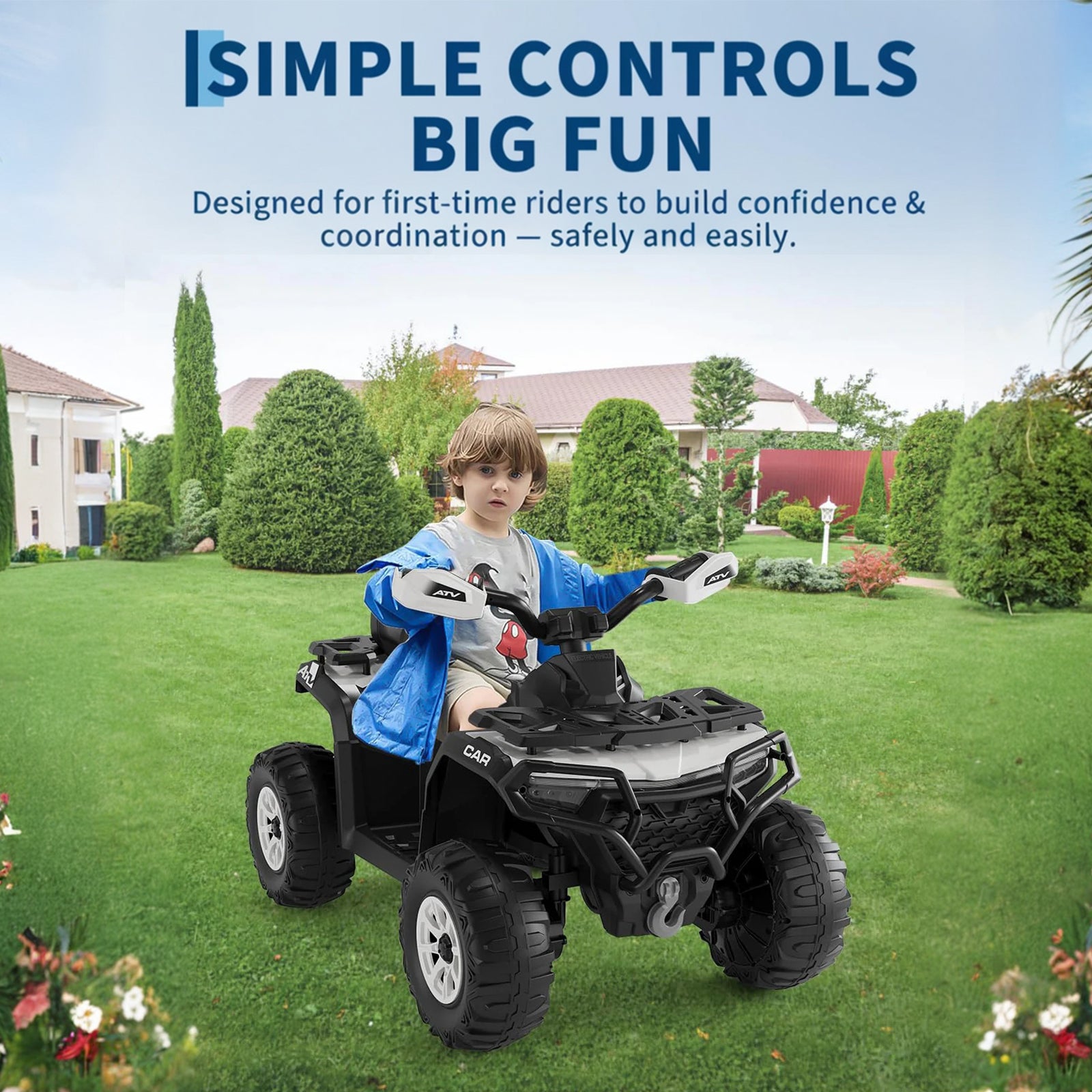 Garvee Silber Elektro-Quad 12V für Kinder – Mit Fernbedienung, 2x35W Motoren, Musik & LED für Kinder 3-8 Jahre