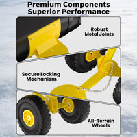 Garvee Schneeschieber mit Rädern – 75x40 cm Stahl-Klinge, 5-fach höhen- & neigungsverstellbar, klappbar & rückenschonend für Einfahrt und Gehweg (Gelb)