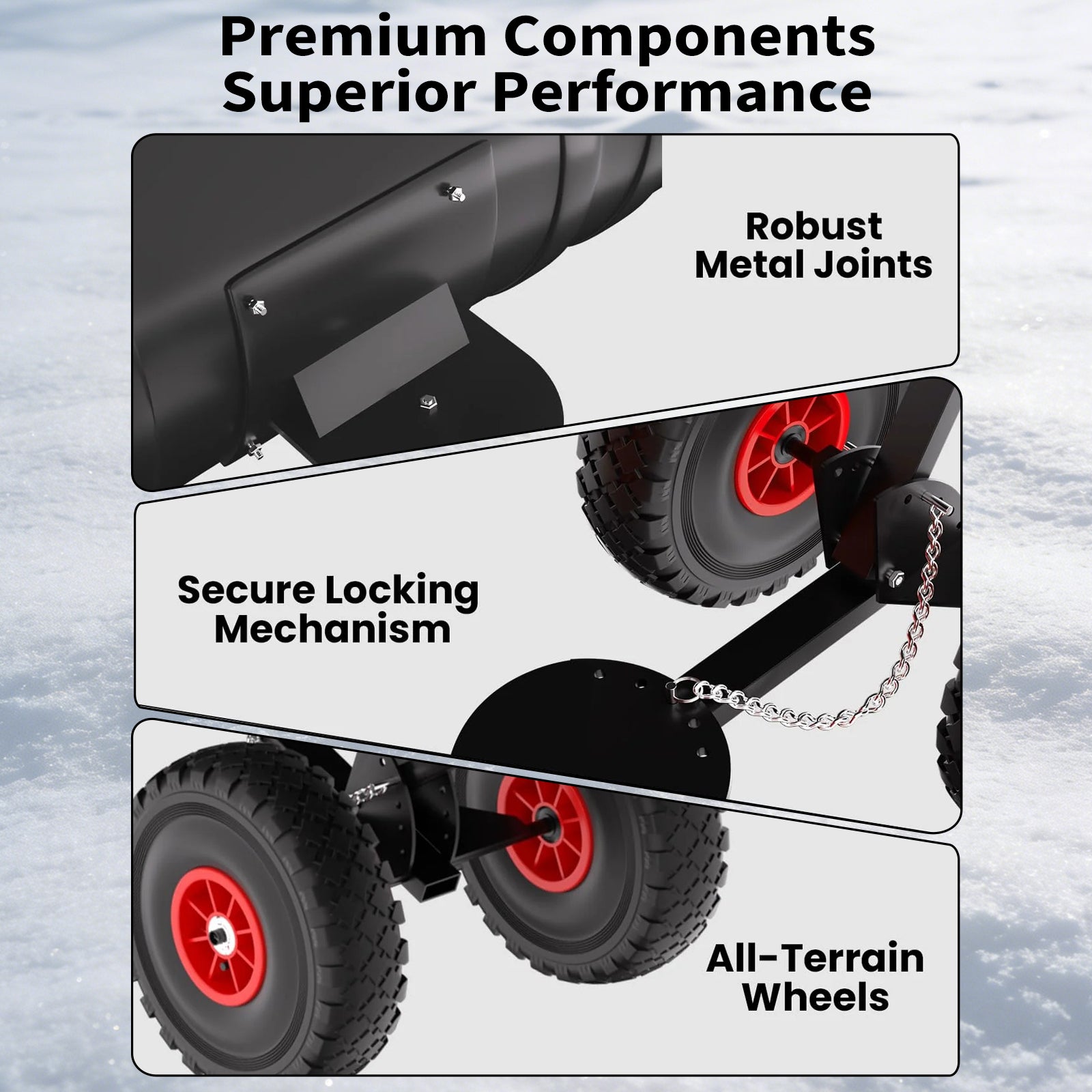 Garvee Schneeschieber mit Rädern 90×40 cm – Einzelstange, Stahlklinge, Verstellbarer Griff, Gummiräder