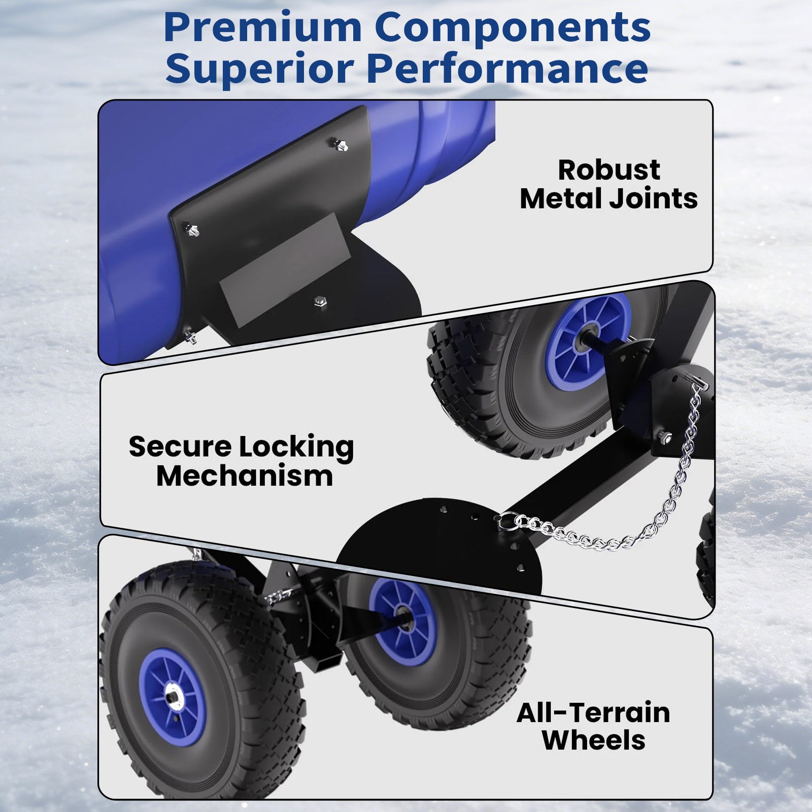 Garvee Schneeschieber mit Rädern – 75x40 cm Stahl-Klinge, 5-fach höhen- & neigungsverstellbar, klappbar & rückenschonend für Einfahrt und Gehweg (Blau)
