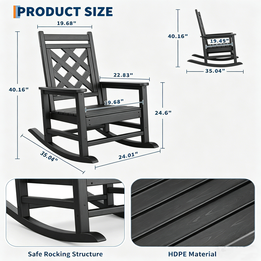 Garvee Outdoor Schaukelstuhl HDPE Holzoptik, 172 Kg Tragkraft, Ergonomisch, Wetterfest, Für Garten & Terrasse