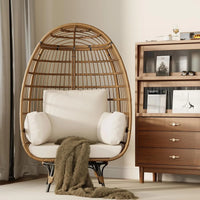 Garvee Rattan Ei Stuhl 360° Drehbar, Mit Kissen, Stahlrahmen, Für Innen & Außen, Braun+Beige