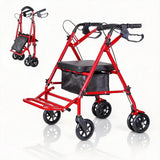Garvee Rollator faltbar mit 4 Rädern, höhenverstellbare Gehhilfe mit Sitz und Doppelbremse, stabiler Stahlrahmen, 80–90 cm, für Innen- & Außenbereich, Rot - Rot