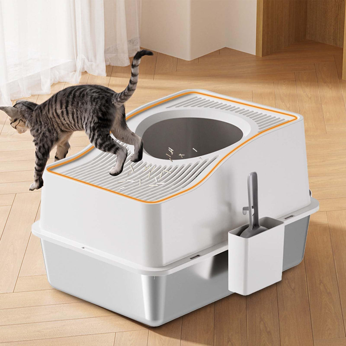 Große weiße Edelstahl Katzentoilette für Katzen bis 15 Kilogramm