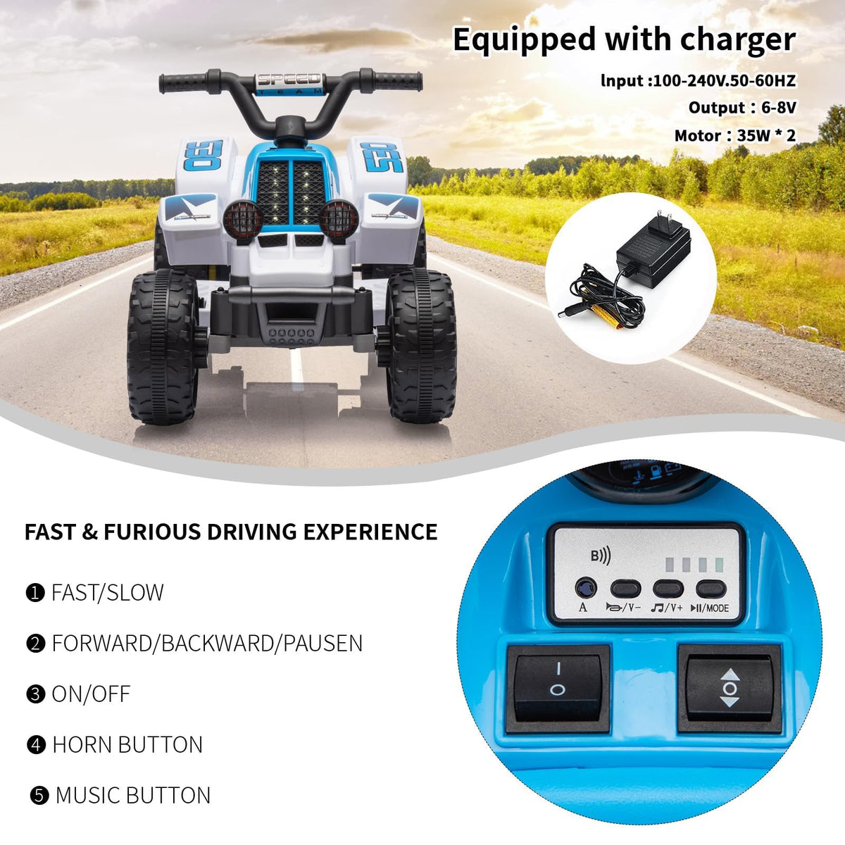 Blau weißes Elektro ATV für Kinder im Einsatz