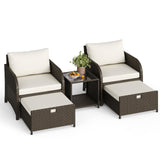 Garvee Gartenmöbel-Set aus Rattan, 5-teilig mit 2 Sesseln, Glastisch und Ottomane für Balkon und Terrasse, Braun und Beige - Braun und Beige