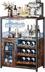 Garvee Weinbar Schrank Mit LED Licht, Verstellbare Regale, Mesh Tür, 92 cm, MDF & Metall - Retro