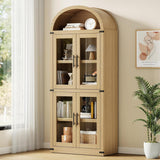 Garvee Arched Bookshelf Farmhouse Bookcase Mit Türen Für Wohnzimmer & Büro, 71.4in Hoch, 15.83in Tief, MDF Holz, Glasfront, Metall Eckschutz - Helles Eichenholz