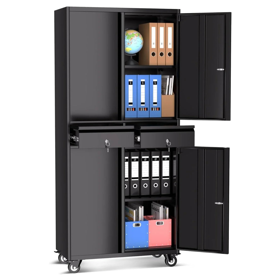 Garvee abschließbarer Metallschrank 180 cm, mobiler Aktenschrank mit feststellbaren Rollen, 2 Schubladen und verstellbaren Einlegeböden, robuster Lagerschrank für Büro, Garage & Werkstatt, Schwarz