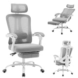 GARVEE Ergonomischer Bürostuhl mit Kopfstütze & Fußstütze, Höhenverstellbarer Schreibtischstuhl mit Lordosenstütze, Atmungsaktivem Netzstoff & Kunststoff-Fußkreuz, Grau - Grau