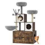 Garvee 57,5-Zoll Katzenbaum Mit Versteckter Katzentoilette, 2-in-1 Katzenhaus, MDF-Holz, Modernes Wohnzimmer, Grau Und Eiche Braun - Rustikales Braun
