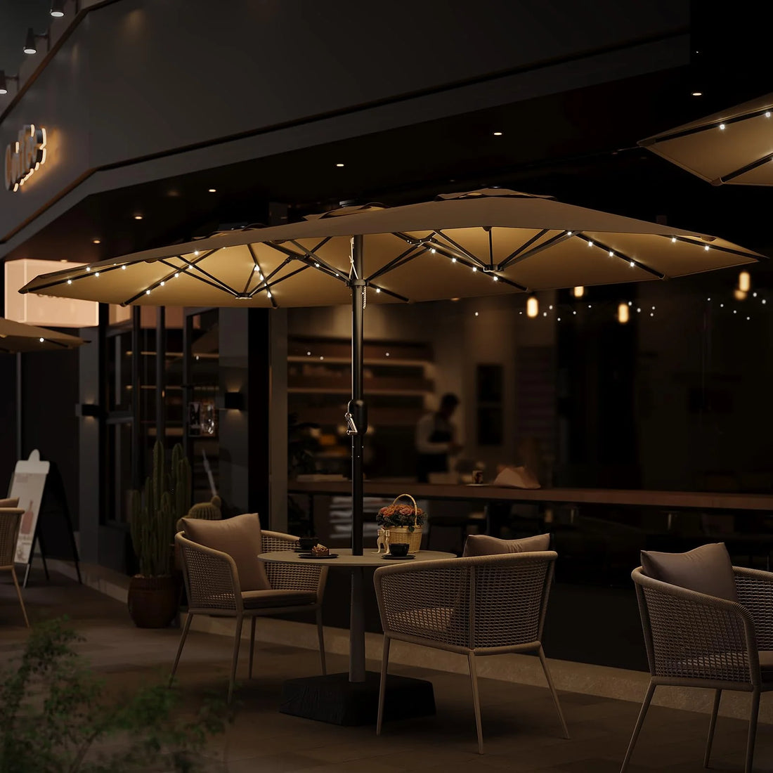 Garvee 270×450 cm Rechteck-Sonnenschirm mit Solar-LED-Beleuchtung & Standfuß, UV-beständiger Gartenschirm mit Kurbelgriff, für Terrasse, Pool & Garten, Beige