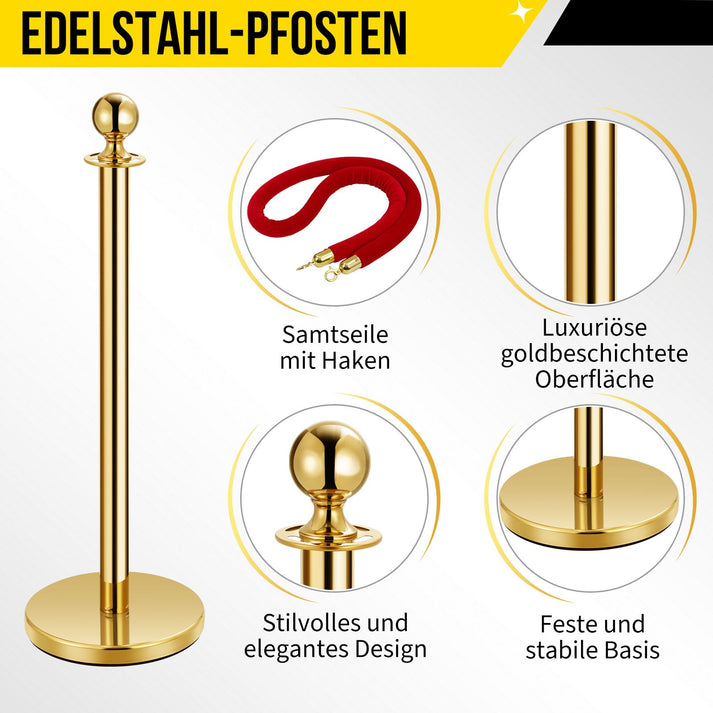 Goldene Edelstahlpfosten mit rotem Samtseil