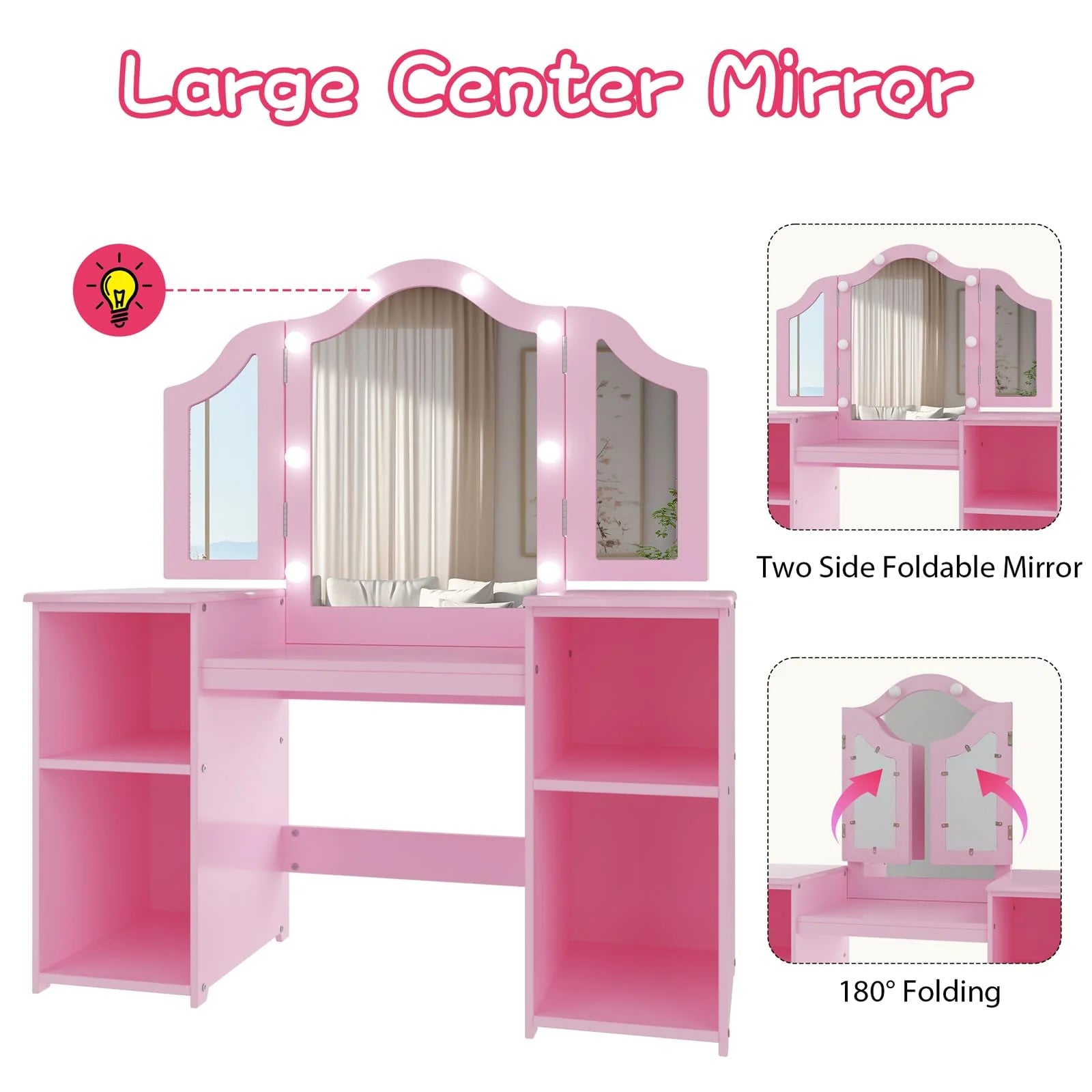 Garvee Prinzessin Schminktisch Mit LED Licht, Spiegel, Stuhl, 104×41×117 cm, Rosa