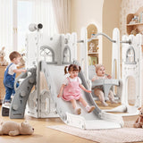 Garvee Rutsche Outdoor 7-in-1 Kleinkind Rutsche Schaukel Klettergerüst Spielplatz Mit Rutsche, Schaukel, Basketballkorb, Teleskop, Versteck, Kompakt, Bunt - Grau–Weiß
