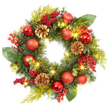Garvee Weihnachtskranz Mit Lichtern 18 Zoll, Rote Weihnachtskugeln & Goldene Zapfen, PVC & Metall, Für Tür & Kamin, Wiederverwendbar - Rot
